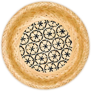 Ann Lee Design Bamboo Woven Floral Round Tray (Medium, Black with Handle)