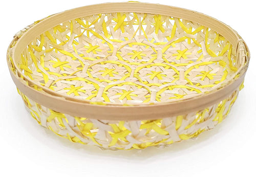 Ann Lee Design Bamboo Woven Floral Round Tray (Small, Natural Yellow Floral)