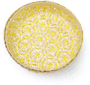 Ann Lee Design Bamboo Woven Floral Round Tray (Small, Natural Yellow Floral)