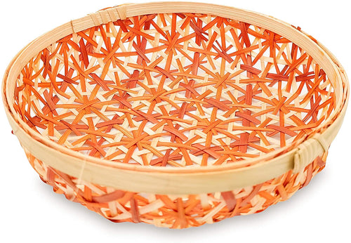 Ann Lee Design Bamboo Woven Floral Round Tray (Small, Orange)