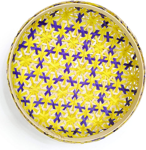 Ann Lee Design Bamboo Woven Floral Round Tray (Small, Yellow Purple)