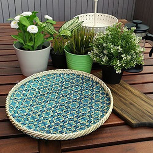 Ann Lee Design Round Decorative Serving Trays - 13.78 x 13.78 x 1.5 Inches (Floral Teal Blue)