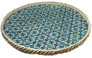 Ann Lee Design Round Decorative Serving Trays - 13.78 x 13.78 x 1.5 Inches (Floral Teal Blue)