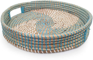 Ann Lee Design Round Serving Seagrass Trays (Teal Blue Vortex, Seagrass)