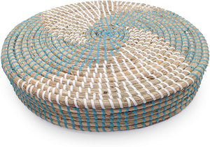 Ann Lee Design Round Serving Seagrass Trays (Teal Blue Vortex, Seagrass)