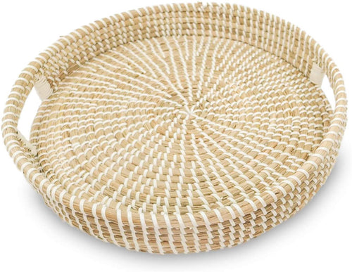 Ann Lee Design Round Serving Seagrass Trays (White with Recessed Open Handle)