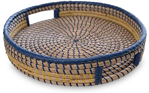 Ann Lee Design Round Serving Seagrass Trays (Blue Handle, Seagrass)