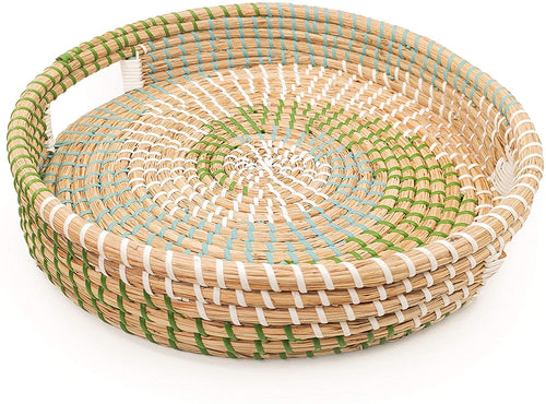 Ann Lee Design Round Serving Seagrass Trays (Green Blue Teal Vortex, Seagrass)