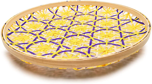 Ann Lee Design Bamboo Woven Floral Round Tray (Medium, Yellow and Purple)